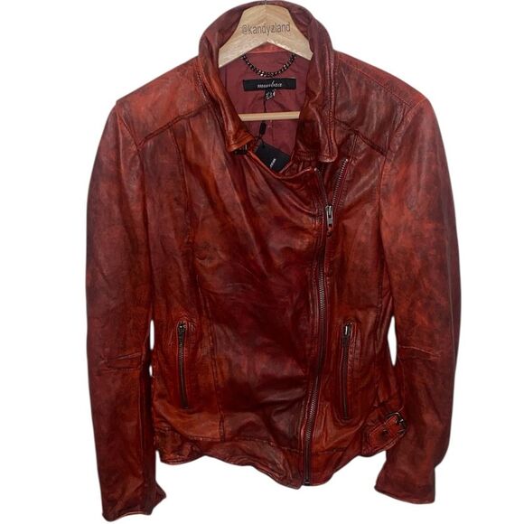 MUUBAA Women’s Cherry Red Moto Biker Leather Jacket - Picture 2 of 10